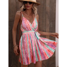 Surplice Neck Belted Striped  Dress