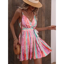 Surplice Neck Belted Striped  Dress