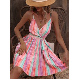 Surplice Neck Belted Striped  Dress