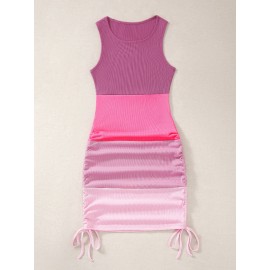 Colorblock Rib-knit Drawstring Side Bodycon Dress