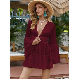 Plunging Neck Frill Ruffle Hem Chiffon Dress