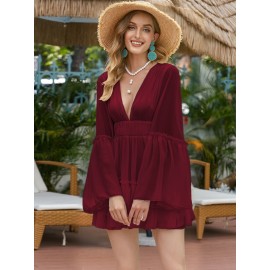 Plunging Neck Frill Ruffle Hem Chiffon Dress