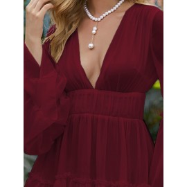 Plunging Neck Frill Ruffle Hem Chiffon Dress