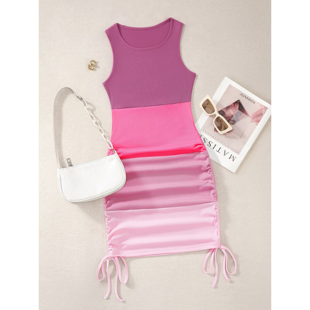 Colorblock Rib-knit Drawstring Side Bodycon Dress