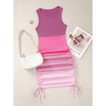 Colorblock Rib-knit Drawstring Side Bodycon Dress