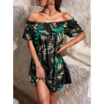 Tropical Print Off Shoulder Frill Trim Dress