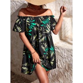 Tropical Print Off Shoulder Frill Trim Dress