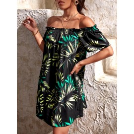 Tropical Print Off Shoulder Frill Trim Dress