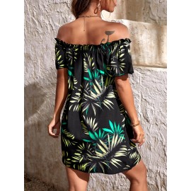 Tropical Print Off Shoulder Frill Trim Dress