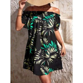 Tropical Print Off Shoulder Frill Trim Dress