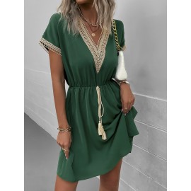 Guipure Lace Fringe Detail Batwing Sleeve Dress