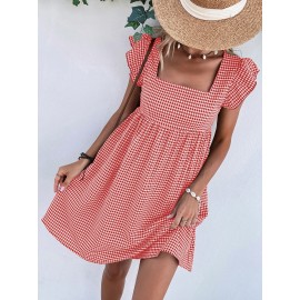 Square Neck Gingham Smock Dress