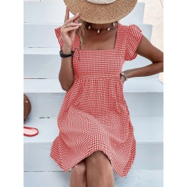 Square Neck Gingham Smock Dress