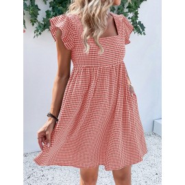 Square Neck Gingham Smock Dress