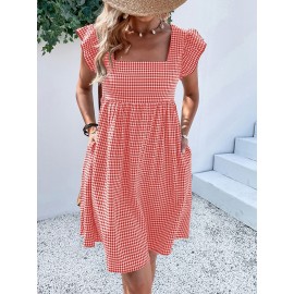 Square Neck Gingham Smock Dress