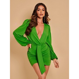 Plunging Neck Lantern Sleeve Ruched Bodycon Dress