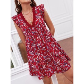 Floral Contrast Guipure Lace Ruffle Sleeve Smock Dress