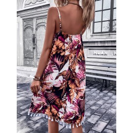 Tropical Print Tassel Trim  Dress