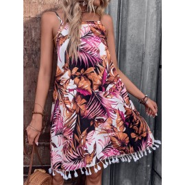 Tropical Print Tassel Trim  Dress