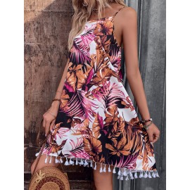 Tropical Print Tassel Trim  Dress