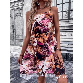 Tropical Print Tassel Trim  Dress