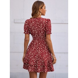 Dalmatian Print Shirred Waist Layered Hem Dress