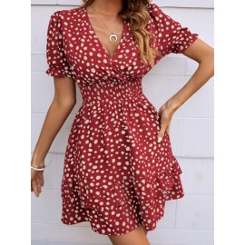 Dalmatian Print Shirred Waist Layered Hem Dress