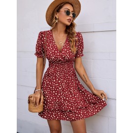 Dalmatian Print Shirred Waist Layered Hem Dress