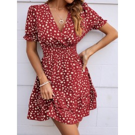 Dalmatian Print Shirred Waist Layered Hem Dress