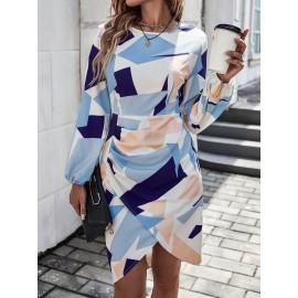 Geo Print Ruched Bishop Sleeve Dress