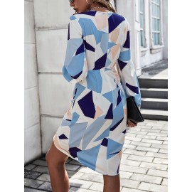 Geo Print Ruched Bishop Sleeve Dress