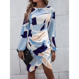 Geo Print Ruched Bishop Sleeve Dress