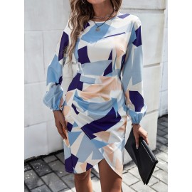 Geo Print Ruched Bishop Sleeve Dress