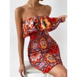 Mandala Print Ruffle Trim Shirred Bodycon Tube Dress