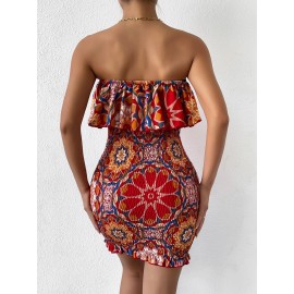 Mandala Print Ruffle Trim Shirred Bodycon Tube Dress