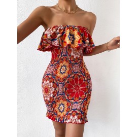 Mandala Print Ruffle Trim Shirred Bodycon Tube Dress