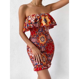 Mandala Print Ruffle Trim Shirred Bodycon Tube Dress