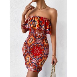 Mandala Print Ruffle Trim Shirred Bodycon Tube Dress