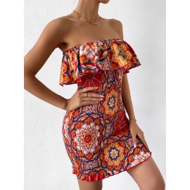 Mandala Print Ruffle Trim Shirred Bodycon Tube Dress