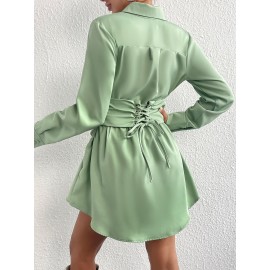 Grommet Lace Up Back Shirt Dress