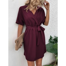 Dolman Sleeve Overlap Collar Belted Dress