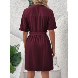 Dolman Sleeve Overlap Collar Belted Dress