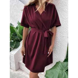 Dolman Sleeve Overlap Collar Belted Dress