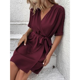 Dolman Sleeve Overlap Collar Belted Dress