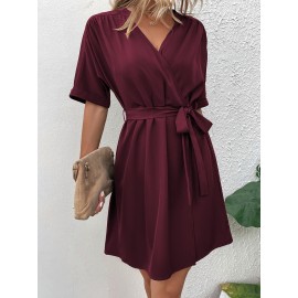 Dolman Sleeve Overlap Collar Belted Dress