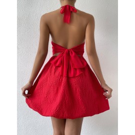 Textured Tie Backless Halter Dress