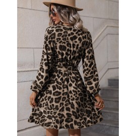 Leopard Print Overlap Collar Bishop Sleeve Ruffle Hem Belted Dress