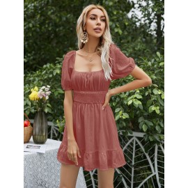 Square Neck Shirred Tie Back Ruffle Hem Dress