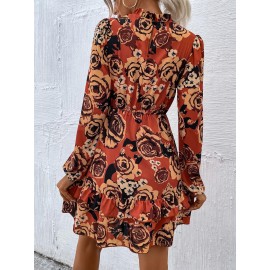 Mock Neck Lantern Sleeve Layered Hem Floral Dress Without Belt