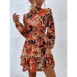 Mock Neck Lantern Sleeve Layered Hem Floral Dress Without Belt